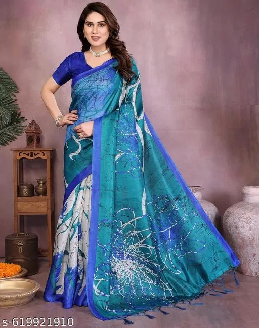 Art Silk Printed Saree for Women, Blue (6.3 m)