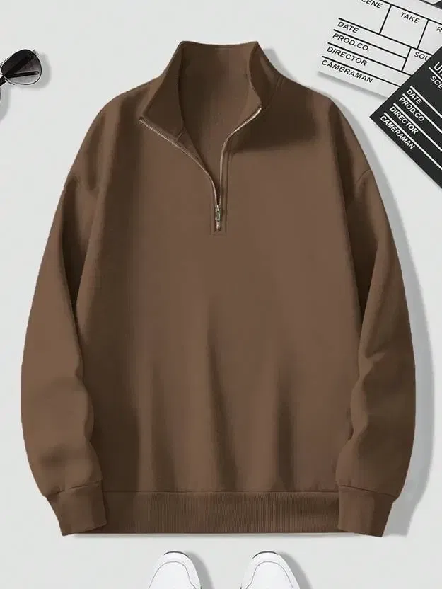 Fleece Solid Sweatshirt for Men, Brown (XXL)