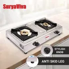 SuryaViva NEO 2B SS [Hose Pipe + Lighter] 2 Cast Iron [Silver] Stainless Steel Manual Gas Stove [2 Burners]
