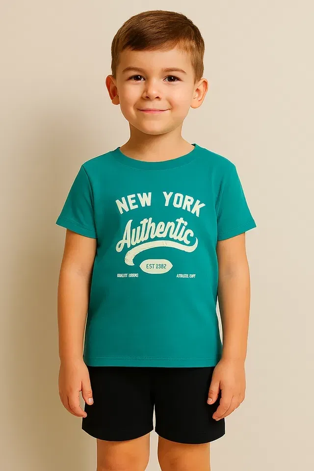 Round Neck Printed T-Shirt for Boys (Teal, 14-16 Years)