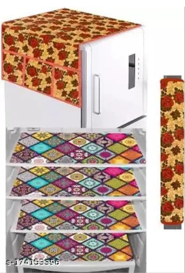 Knit Printed Fridge 4 Pcs Mat with Handle & Top Cover (Multicolor, Set of 1)