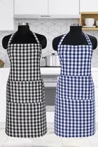 Krishna E Check Aprons  with Pocket Pack Of 2 Blue & Grey