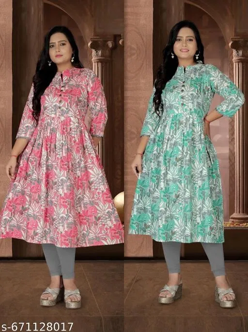 Floral Printed Cotton Kurti for Women, Pack of 2 (Pink, L)