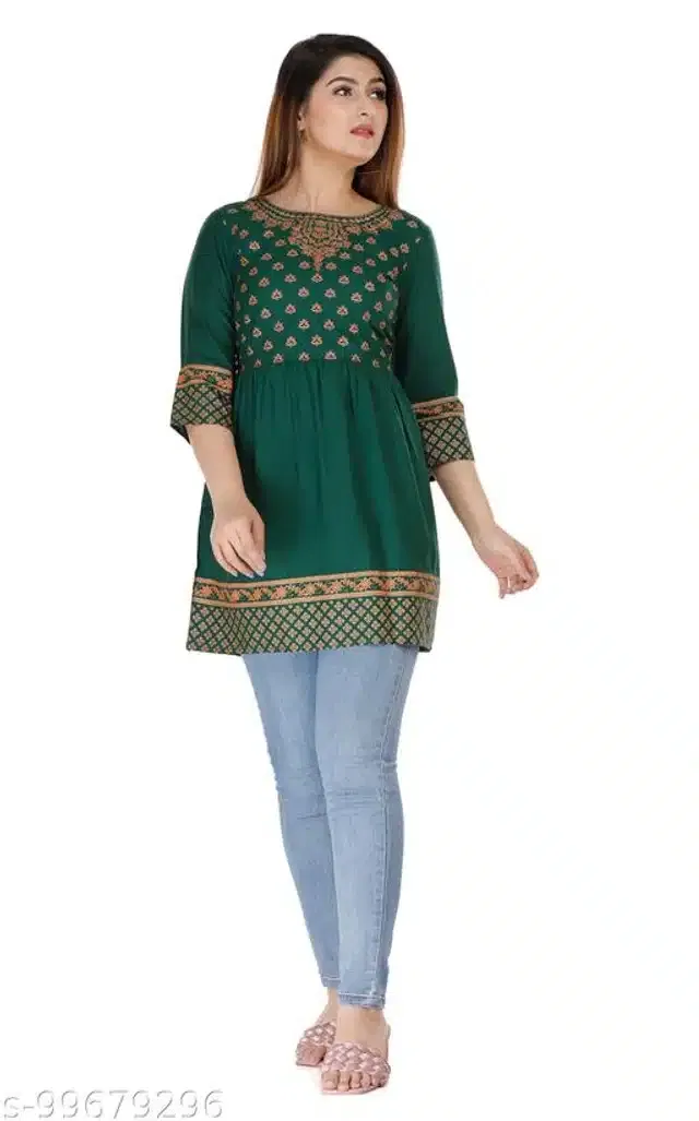 Anarkali Rayon Printed Kurti for Women (Green, S)