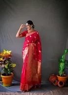 Litchi Silk Botanical Saree for Women, Red 