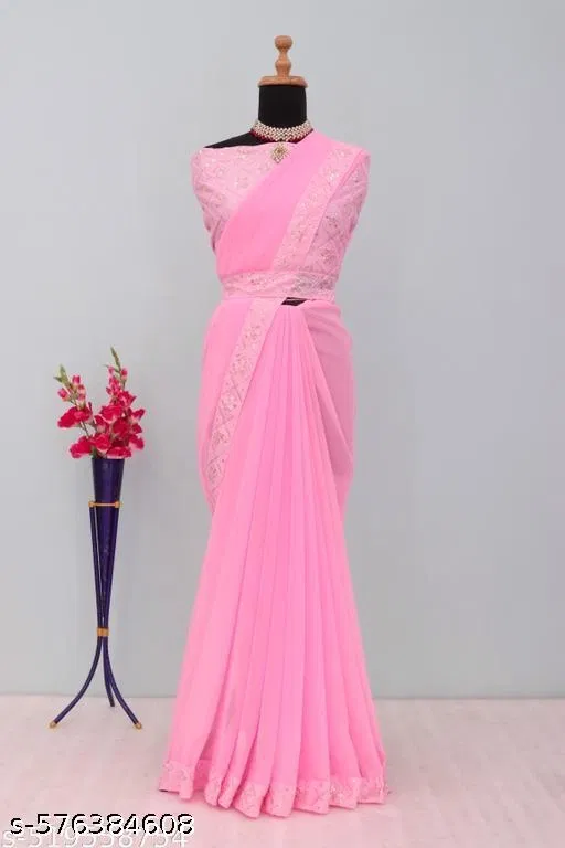 Georgette Embellished Saree For Women, Pink