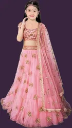 Net Embroidered Semi Stitched Lehenga for Girls 