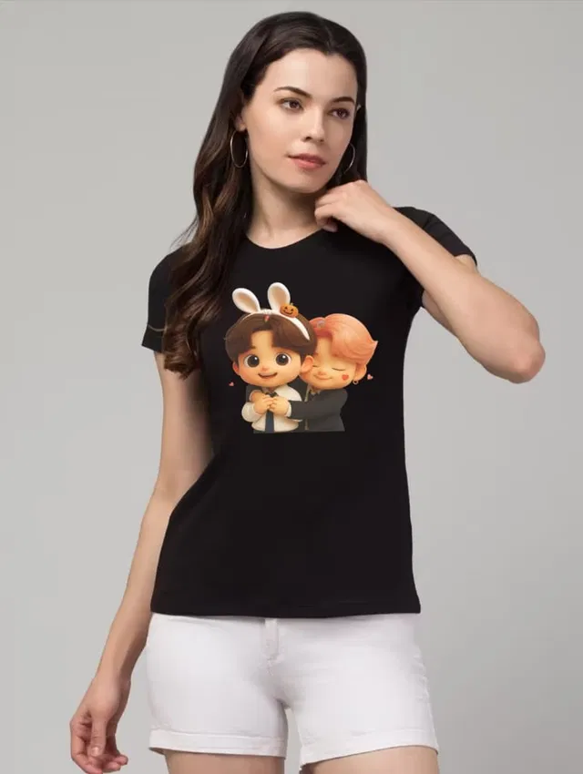 Cotton Blend Printed T-shirt for Women, Black (M)
