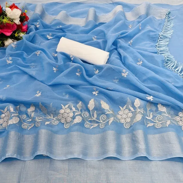 Chanderi Cotton Embroidered Saree for Women (Aqua Blue, 6.3 m)