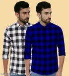 Cotton Blend Checked Shirts for Men, Blue & White, Pack of 2 