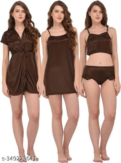 Satin Solid Babydoll for Women, Brown (XL)