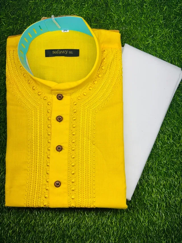Cotton Blend Embroidered Kurta with Pyjama for Men, Yellow & White (XXL)