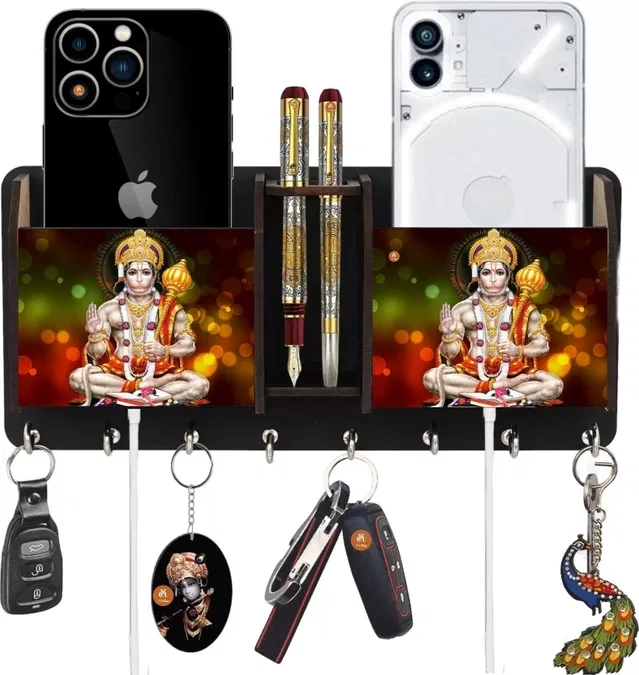 Khatu Crafts Hanuman Two Box Wood Key Holder (8 Hooks, Multicolor)