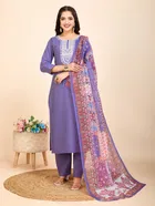 Cotton Printed Kurta with Pant & Dupatta for Women (Purple, S)