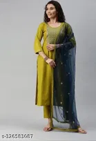 Cotton Blend Embroidered Kurta with Pant & Dupatta for Women 