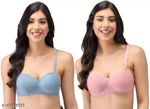 Cotton Blend Solid Padded Bra for Women (Blue & Pink, 38B) (Pack of 2)