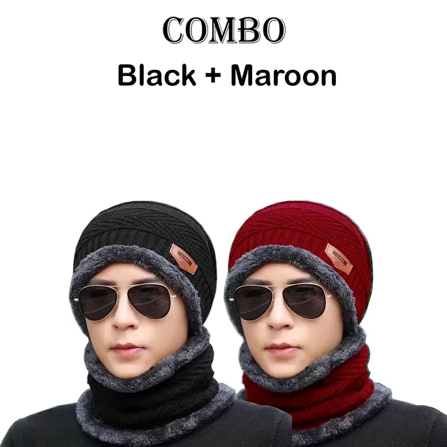 Woolen Fur Winter Cap with Neck Warmer for Men (Black & Red, Free Size) (Pack of 2)