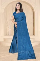 Crepe Solid Saree for Women, Blue 
