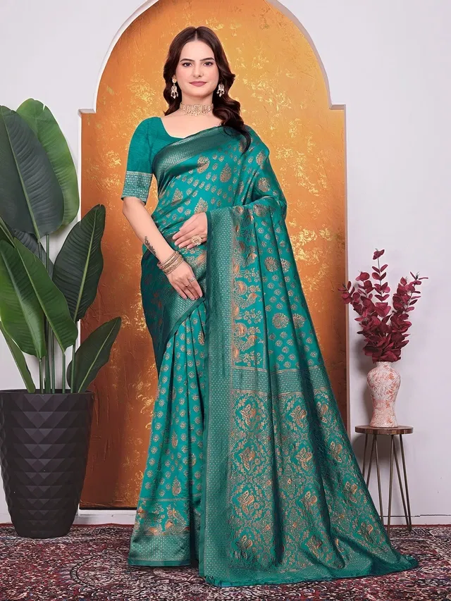 Banarasi Silk Embroidered Saree for Women (Teal, 6.3 m)