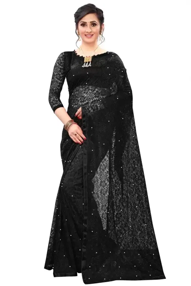 Net Solid Saree for Women (Black, 6.3 m)