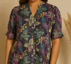 Women's Tropical Floral Print Mandarin Collar Top, L 