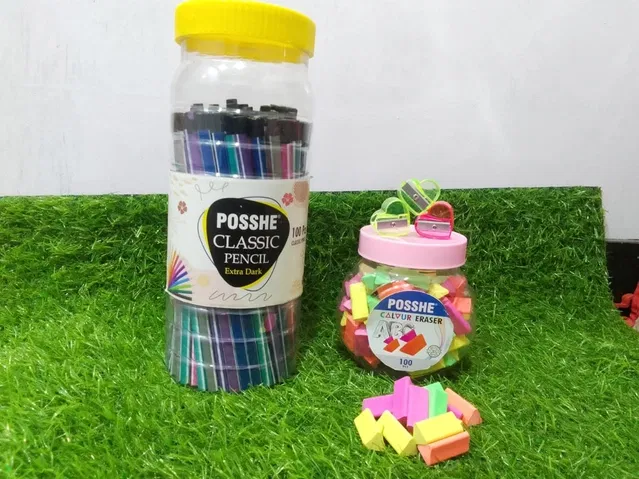 Posshe Tringle Mate Flinish Pencils (100 Pcs) with 100 Pcs Flora Tringle Erasers & 2 Pcs Transparent Dil Sharpeners for Kids (Multicolor, Set of 3)