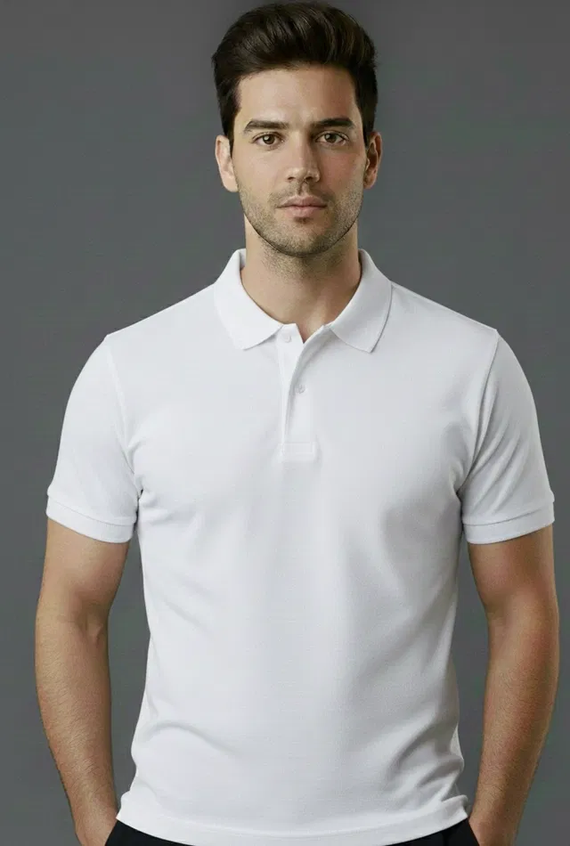 Cotton Blend Polo Neck T-shirt for men, White (L)