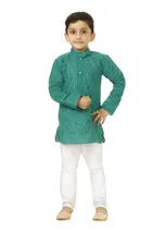 Cotton Blend Embroidery Kurta with Payjama for Boys, Teal & White 