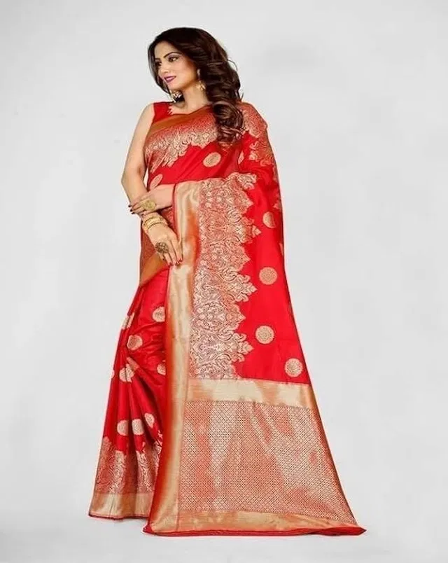 Banarasi Silk Jacquard Embroidery Saree for Women (Red)