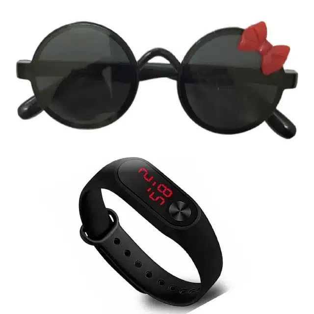 UV Protected Sunglass with Digital Watch for Boys & Girls (Black, Set of 2)