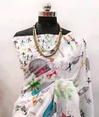 Cotton Linen Printed Saree for Women, White 