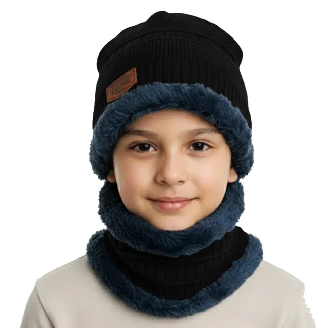 Woolen Solid Cap with Neck Wramer for Kids, Black