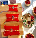 Combo of 3 Pcs Rakhi, 4.5 inch Plate, Greeting Card & Roli Chawal 