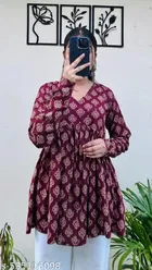 Floral Printed Round Neck Cotton Short Kurti for Women 