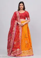 Kota Doriya Bandhani Semi Stitched Lehenga with Choli & Dupatta for Women (Red & Yellow)