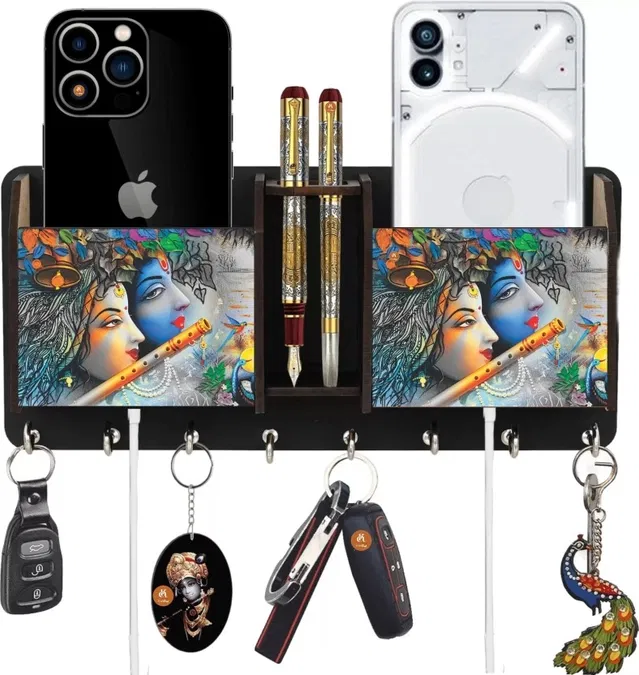 Khatu Crafts Radhakrishna Wood Key Holder (8 Hooks, Multicolor)