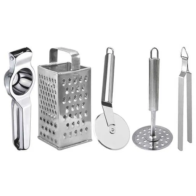 Oc9 Stainless Steel Lemon Squeezer & 4 in 1 Grater Or Slicer & Pizza Cutter & Potato Masher & Roti Chimta Kitchen Tool Set (O-157)