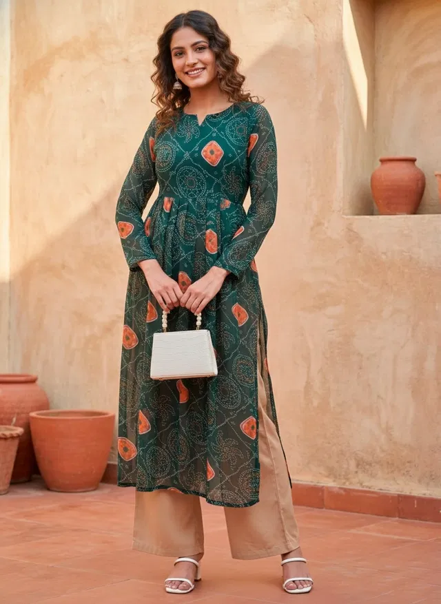 Bindu Bandhej Naira Kurti for Women (Green, L)
