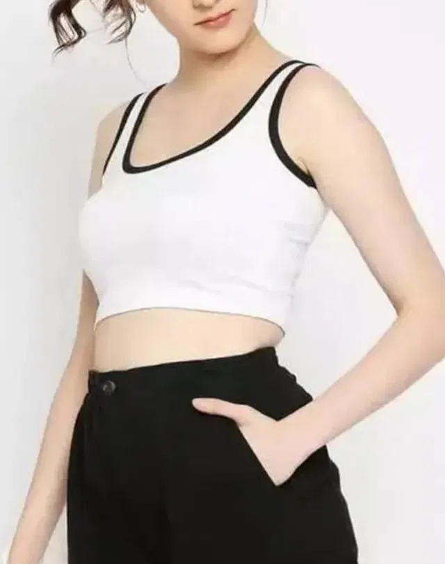 Cotton Blend Solid Tank Top for Women & Girls (White, L)