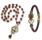 Religious Rudraksha Mala with Om Leather Bracelet for Men (Multicolor, Set of 2)