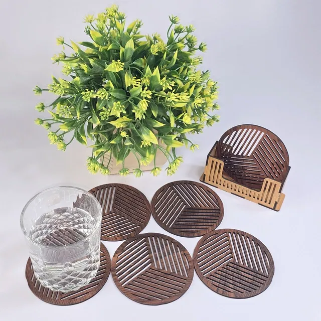 MDF Wooden 6 Pcs Coasters with Stand (Brown, Set of 1)