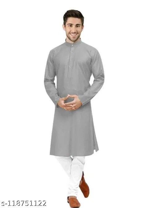 Mandarin Neck Kurta for Men (Grey, S)