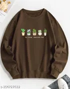 Cotton Printed Sweatshirt for Women (Brown, S)