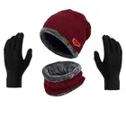 Woolen Cap with Neck Warmer & Gloves for Men & Women (Red & Black, Set of 2)