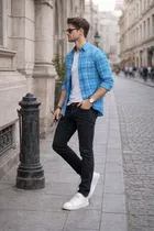 Cotton Blend Checkered Shirt for Men, Sky Blue 