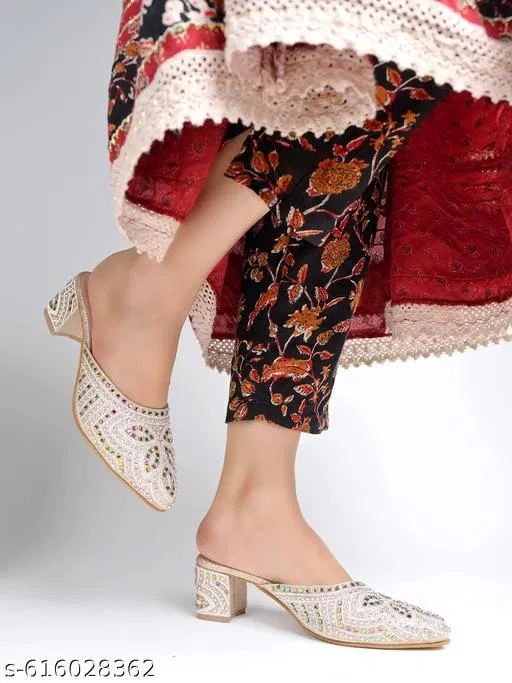 Shoetopia Golden Embellished Heel Sandals (Size IND-7)