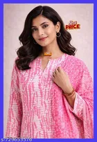 Cotton Silk Printed Kurta With Paint & Dupatta Set for Women, Peach 