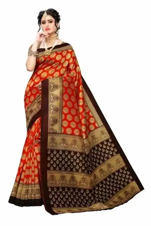 कानूड़ा प्रिंट्स फैंसी विमेंस मैसूर आर्ट सिल्क प्रिंटेड साड़ी (ब्राउन) (K-44)
