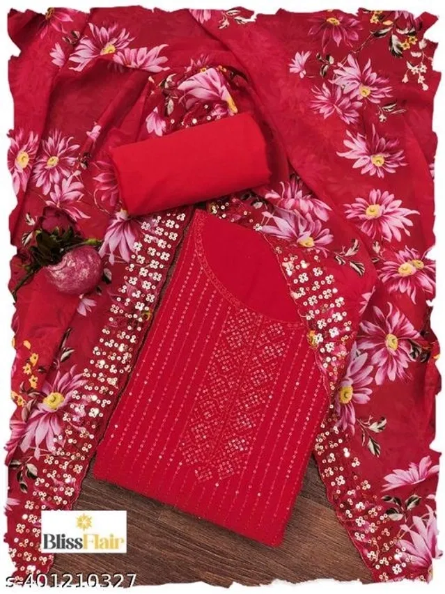 Embroidered Unstitched Suit for Women (Red, 2.25 m)