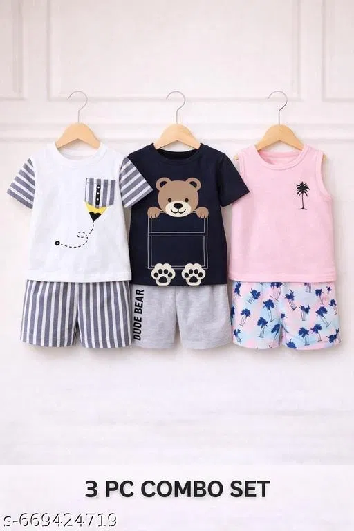 Hosiery Cotton Printed Clothing Set for Kids, Multicolor, Pack of 3 (9-12 Months)